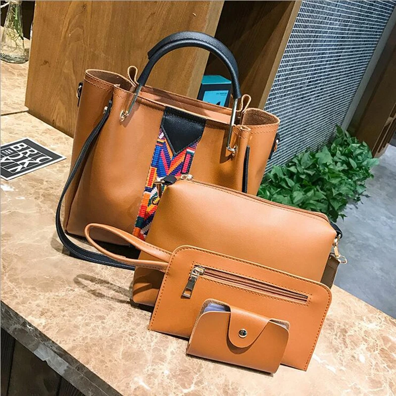 4Pcs/Set Fashion Casual Women Soft PU Leather Simple Solid Shoulder