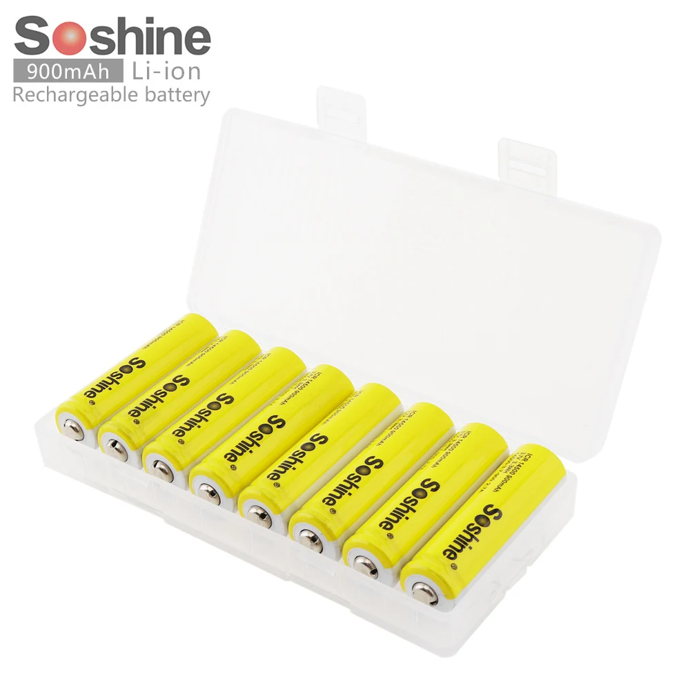 

Soshine 8Pcs 3.7V ICR 14500 900mAh Li-ion Rechargeable Battery with Safety Relief Valve and Portable Battery Box for Flashlights