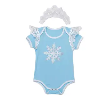 

2PC per Set Baby Girl Clothes Infant Blue Snow Flake Angel Romper Infant Girl Outfit Crown Headband for 0-24months