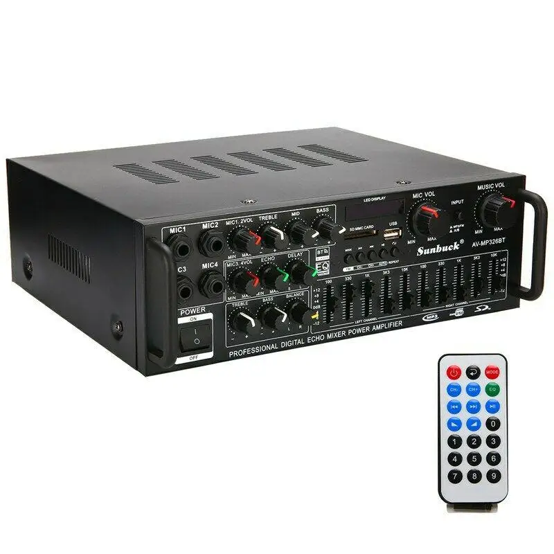 Black 800W 2 CH Bluetooth Home Stereo Amplifier Powered Equalizer EQ Karaoke USB