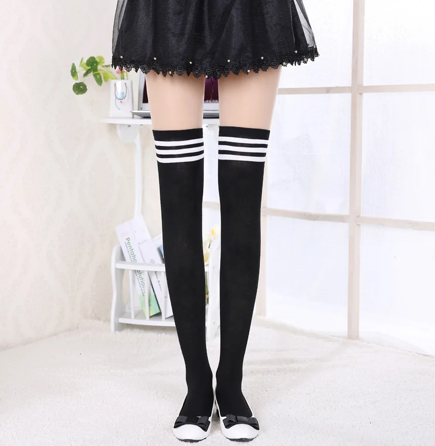 college wind cotton thick black and white striped stockings over the knee black high socks Sexy over knee socks