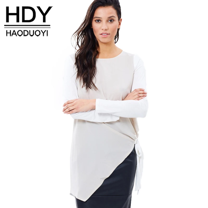 

HDY Haoduoyi Fashion Asymmetrical Tops Women Long Sleeve Female Pullover Tops Street Patchwork O-neck Casual Long T-shirt