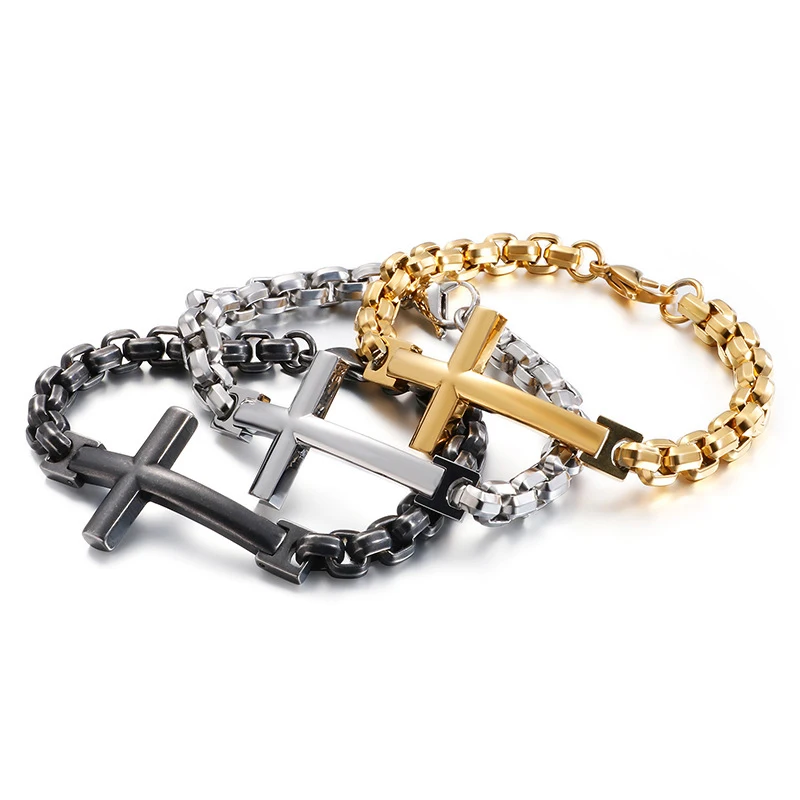 

Vintage Gold Black Stainless Steel Rounded Square Pearl Box Chain Link Bracelet Men Mens Silver Biker Cross Bracelets & Bangles