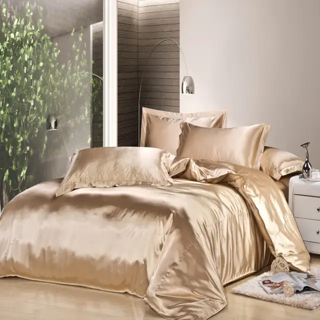 4pc Solid Color Light Brown Silk Bedding Set Duvet Cover Bed Linen