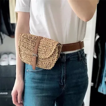 

HOT Waist Bag Women Waist Fanny Packs Belt Bag Luxury Brand Straw Chest Handbag Beige Brown New Fashion Hight Quality