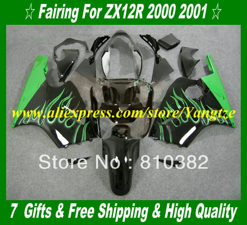 

Fairing kits for KAWASAKI Ninja ZX12R 00 01 ZX 12R 2000 2001 ZX-12R 12R Green flames black  Motorcycle Fairings set  HJ16