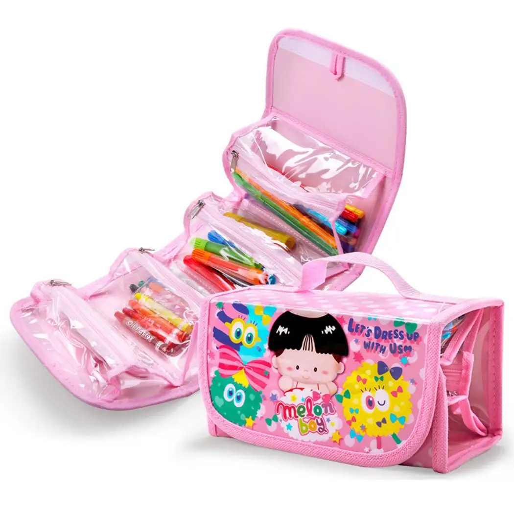 

4-layer Zipper Painting Bag Pens Kit Pink, Blue Art Supplies Children Learning Stationery