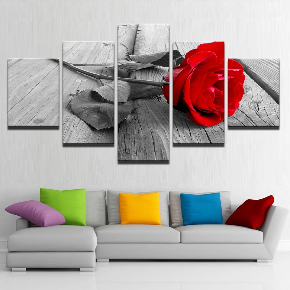 HD украшение для дома, холст, картины для гостиной, современный, 5 панелей, красная роза, цветы, печатная картина, настенная, модульная рамка для плаката