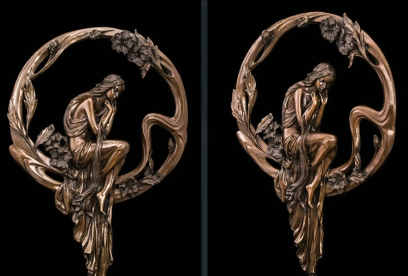 

Art Deco Sculpture Wall Ornamentation Beauty Girl Sit Flower Loop Bronze Statue R0712 B0403