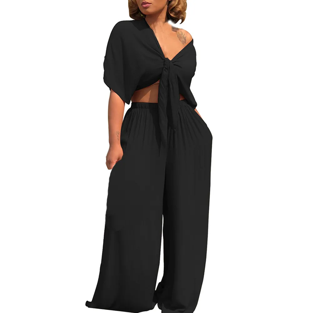 

Bandage Deep V-Neck Short Sleeve Tops+Pants Two Piece Set Women Broad Leg conjunto femenino Fashion ensemble femme 2 pieces