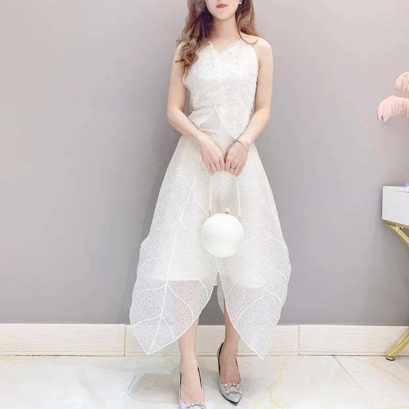 

White Embroidery Silk Dress Mesh Slip V Neck Midi Elegant Spaghetti Strap Backless Fairy Party Summer Dress Women Vestidos