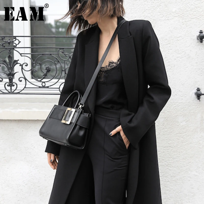 

[EAM] 2019 New Spring Turn-down Collar Long Sleeve Split Joint Button Temperament Woolen Coat Women Parkas Fashion Tide JX736