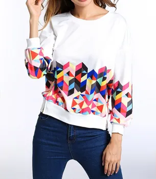 

2019 Summer Women Casua Geometric Print Hoodies Side Drop Shoulder Sweatshirt Long Sleeve O Neck Tops