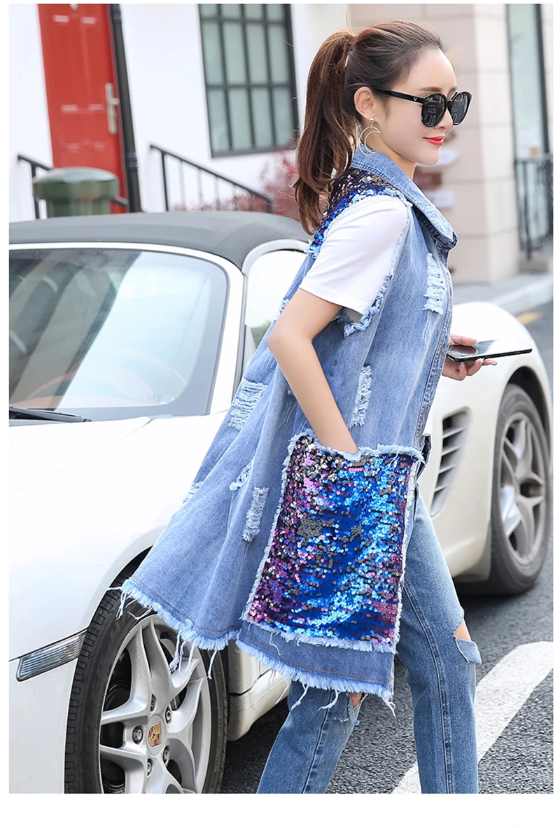 Vangull 2019 весна лето новый женский джинсовый жилет с блестками корейские джинсы с потертостями и дырками длинная двухфактурная кофта без