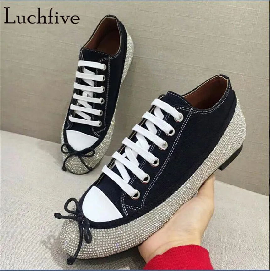 

Luchfive 2018 New ladies Shoes bling bling crystal studded bowtie decor flat heels rhinestone casual Shoes Women tenis feminino