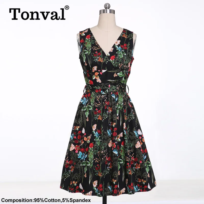Tonval/разноцветное женское ретро платье с цветочным принтом в стиле рокабилли, с v-образным вырезом, 95% хлопок, черная винтажная туника, плиссированные платья