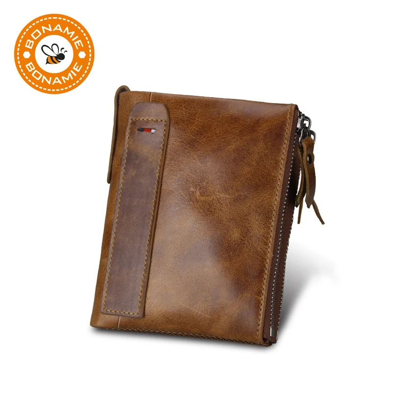

BONAMIE Genuine Leather Men Brown Wallets RFID Business Credit Card Holders Double Zipper Crazy Horse Cowhide Leather Purse 2019