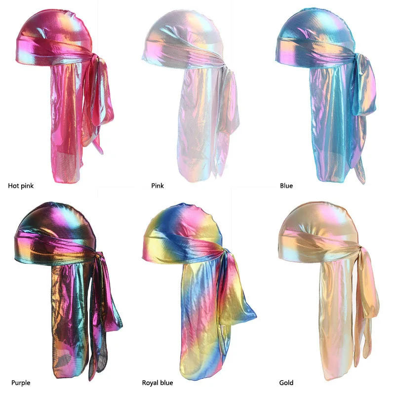 Autumn New Elastic Long Tail Hat Men Shiny Silky Durag Headband