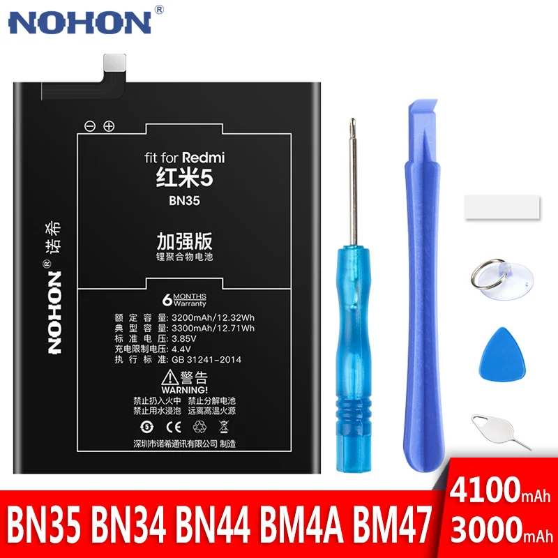 

NOHON Battery For Xiaomi Redmi 5 Plus 3 Pro 3S 4X 5A BN35 BM47 BM4A BN44 BN34 Replacement Batteries Mobile Phone Bateria + Tools