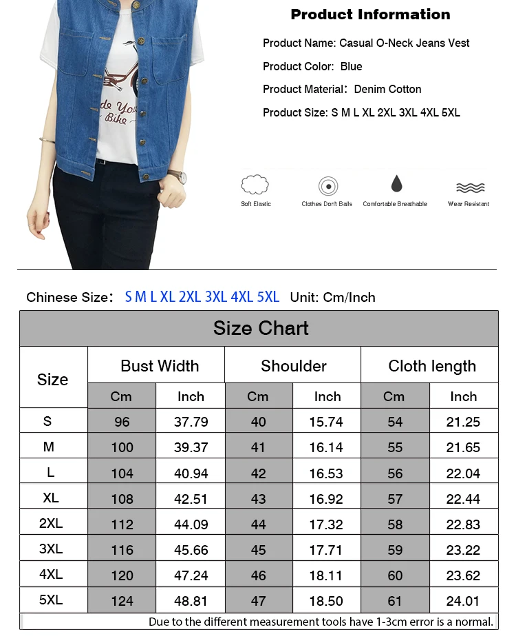 Large Size Bust 5XL Women's Jeans Vest Summer Thin Pure Blue Pocket Jacket Cardigan Sleeveless Female O-Neck Button Waistcoat