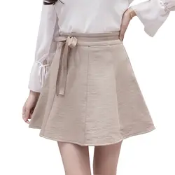 Весна для женщин трапециевидной формы Однотонная юбка высокая талия плиссированные шорты юбки для лето 2019 г. корейский галстук бабочка