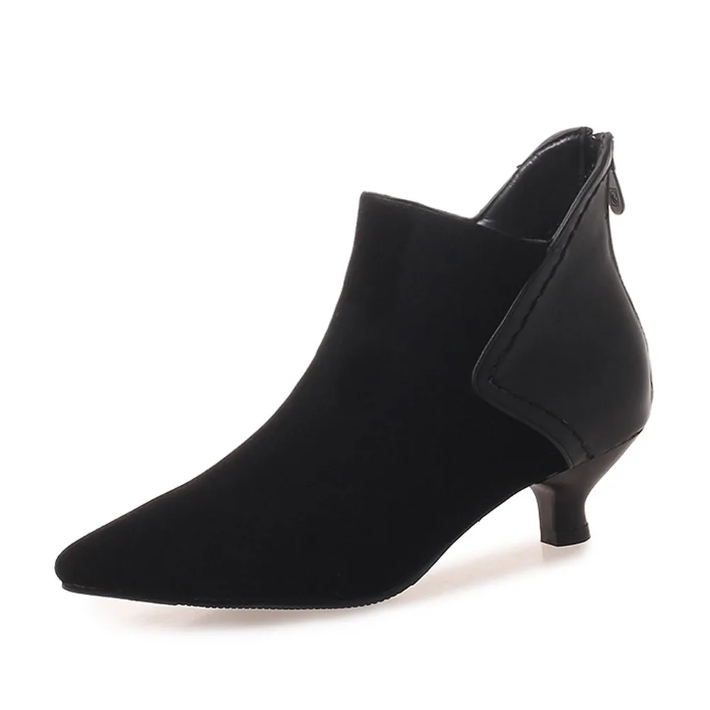 BONJOMARISA/Новые разноцветные туфли с острым носком, на молнии, на тонком каблуке средней высоты женские повседневные, вечерние, зимние, весенние ботильоны размера плюс 32-46 - Цвет: Черный