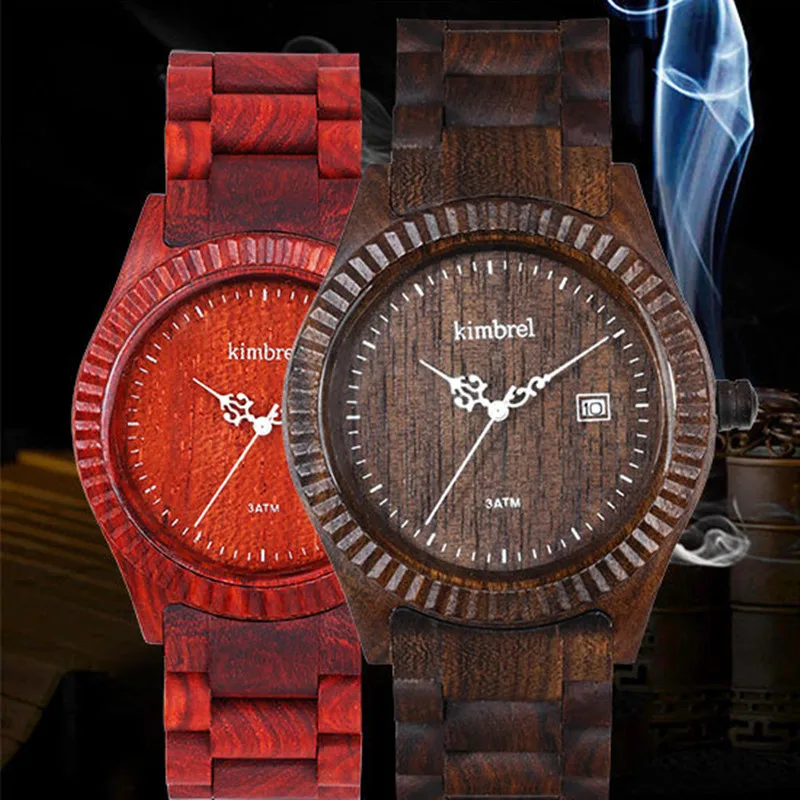 Fashion Red Sandlwood Watch For Men With Calendar Multi function Water Resistant Quartz Watch
