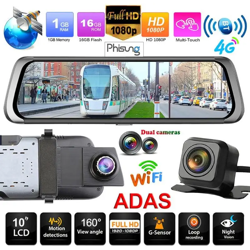 

Phisung E08 10" Touch Screen Car DVR Camera Bluetooth WiFi 4G Android 1080P Full HD Rear View Video Recorder Registrars Dash Cam