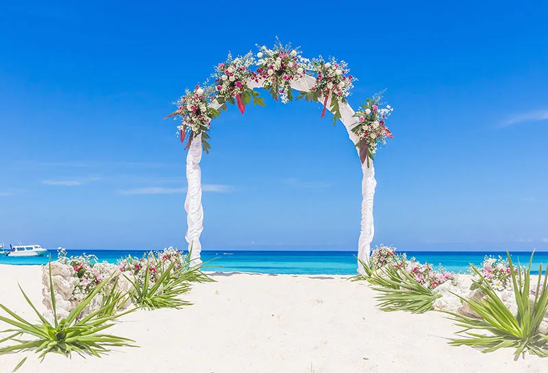 7 X5Ft Blue Sky Sea Skyline Sand Beach Flowers Path Wedding Arch Gate Custom Photo Background Studio Sfondo Vinile 220Cm X 150Cm