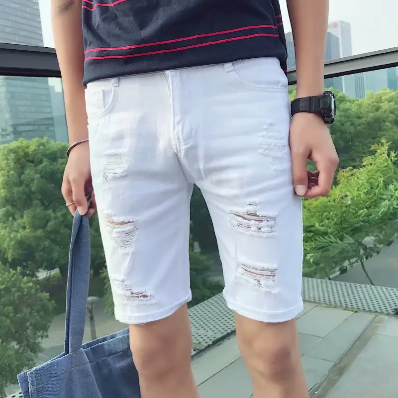 

New Fashion Leisure Mens Ripped Short Jeans Brand Clothing Summer 98% black white Cotton Shorts Breathable Tearing Denim Shorts