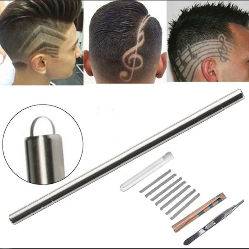 1 Pen+ 10 Blades Hair carving pen magic oil head notch man hair refined steel razor pen barber razor eyebrow shaving shave