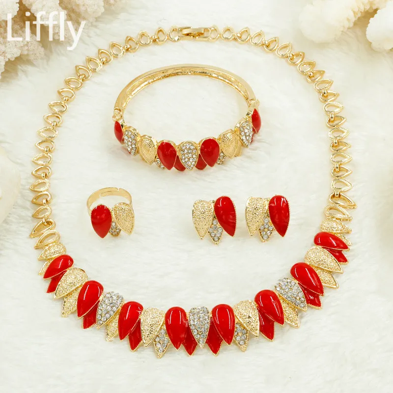 

Liffly Fashion Bridal Jewelry Sets for Women Dubai Gold Jewelry Set Crystal Red Enamel Necklace African Wedding Party Jewellery