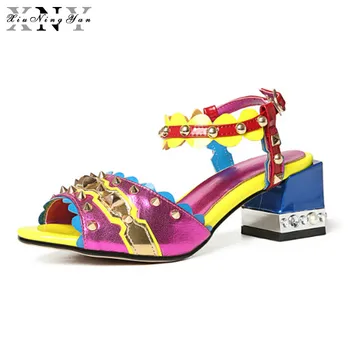 

New Purple Designer Women Sandals Chunky High Heels Rivets Wedding Shoes Woman Comfortable Summer Genuine Leather Dress Shoes