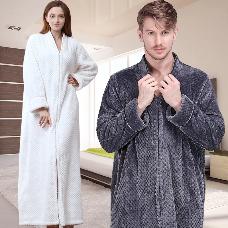 

Women Men Extra Long Winter Warm Nightgown Plus Size Pregnant Zipper Sleepshirts Luxury Soft Grid Flannel Thermal Dressing Gown