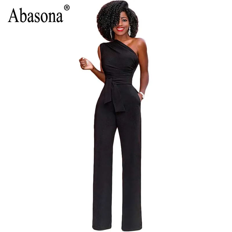 Abasona One Shoulder Women Jumpsuits Casual Wide Leg Pants Summer 2018 Black Red Rompers Womens Jumpsuit Party Overalls Female