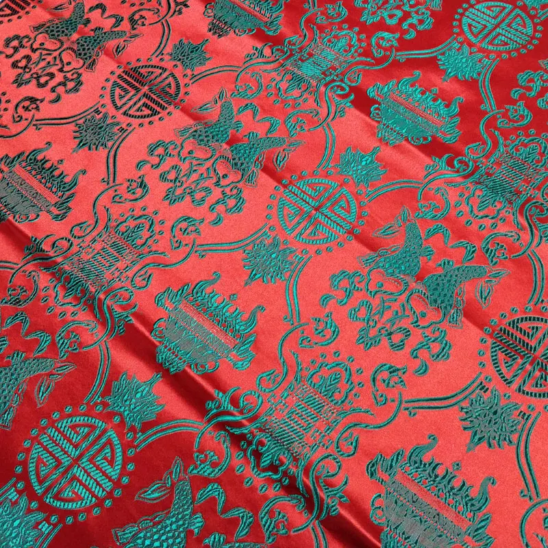 

Chinese Traditional Silk Brocade Fabric Wedding Dress Chi-pao Children Tang Suit Cushion Handbag Red With Green Double Fish