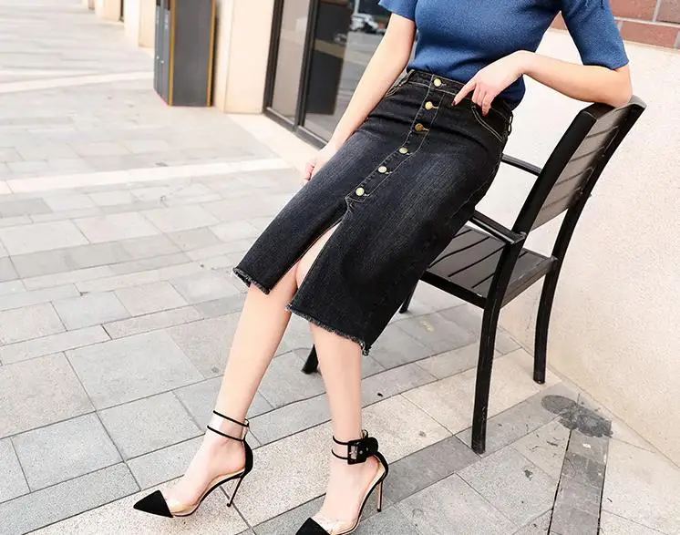 Весенняя и летняя новая джинсовая юбка с высокой талией, большой размер, длинная юбка с разрезом, черная тонкая юбка с разрезом