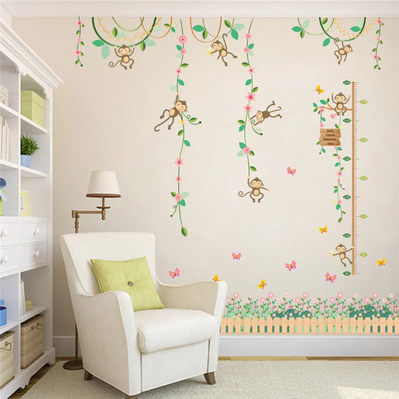 Садовые обезьяны, измеряющие рост, настенные наклейки для детской комнаты, забор-бабочка, цветок, диаграмма высоты, 3d декор детской комнаты, плакат