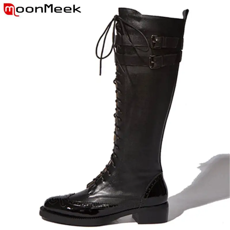 

MoonMeek 2020 NEW fashion genuine leather+quality PU boots zipper lace up buckle knee high boots women square med heel boots