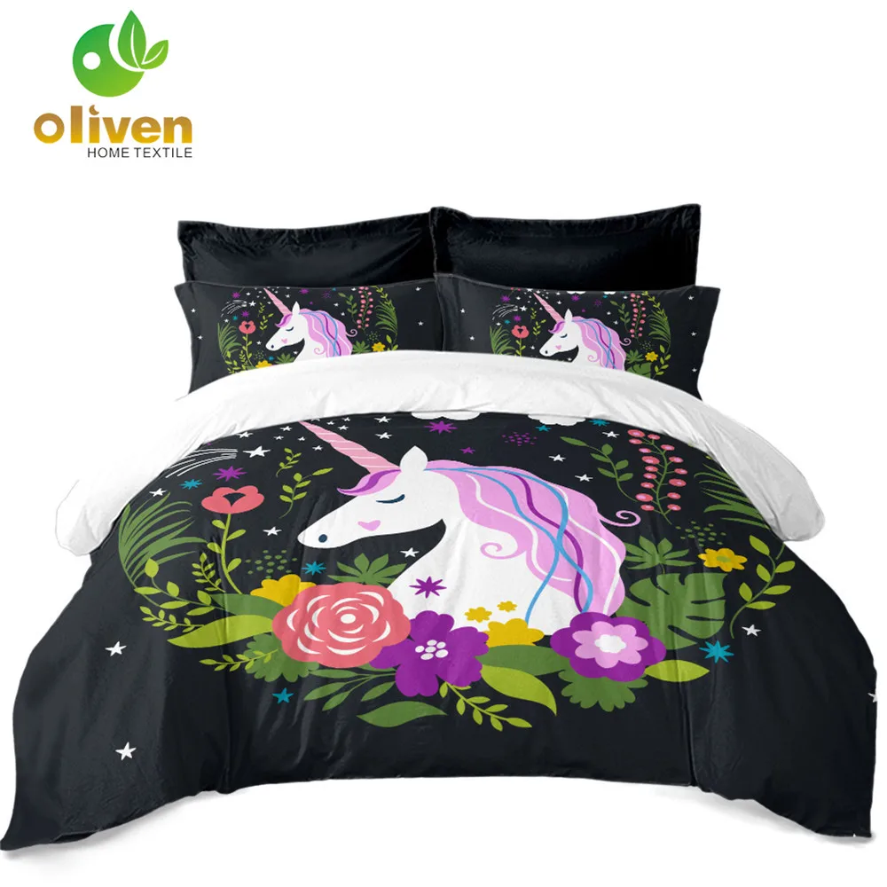 cheap Princess Cartoon Unicorn Bedding Set Colorful Floral Duvet Cover Set Twin King Queen Bedding Girls Bedroom Decor Pillowcase D35