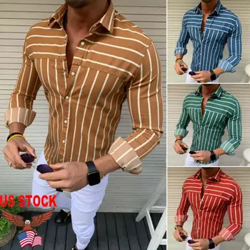 

Summer NEW Men's Slim Fit Stripe Long Sleeve Casual Cotton Shirt Business shirts Tops size M-XXL