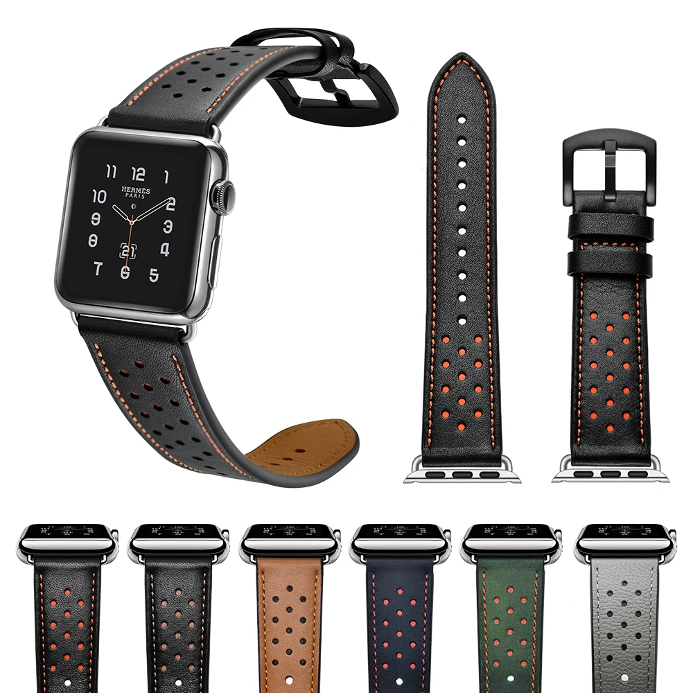 

Creative Wave Point Genuine Leather Strap for Apple Watch Band 38mm 42mm Fashion Replacement Straps Metal Black Buckle Watchband