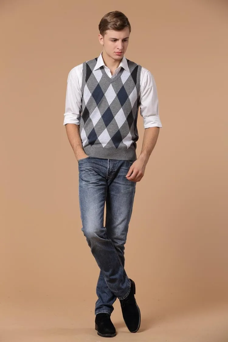 Высокое качество Осенняя мужская Мода Argyle Повседневный свитер с v-образным вырезом жилет мужской шерстяной свитер без рукавов пуловер