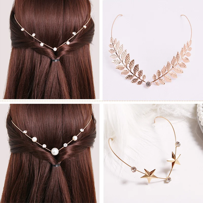 

Back Hold Headbands Crystal Alloy Hairbands Pearl Leaf Headwear Girls Vintage Hair Band Rhinestones Hair Accessories Headdress