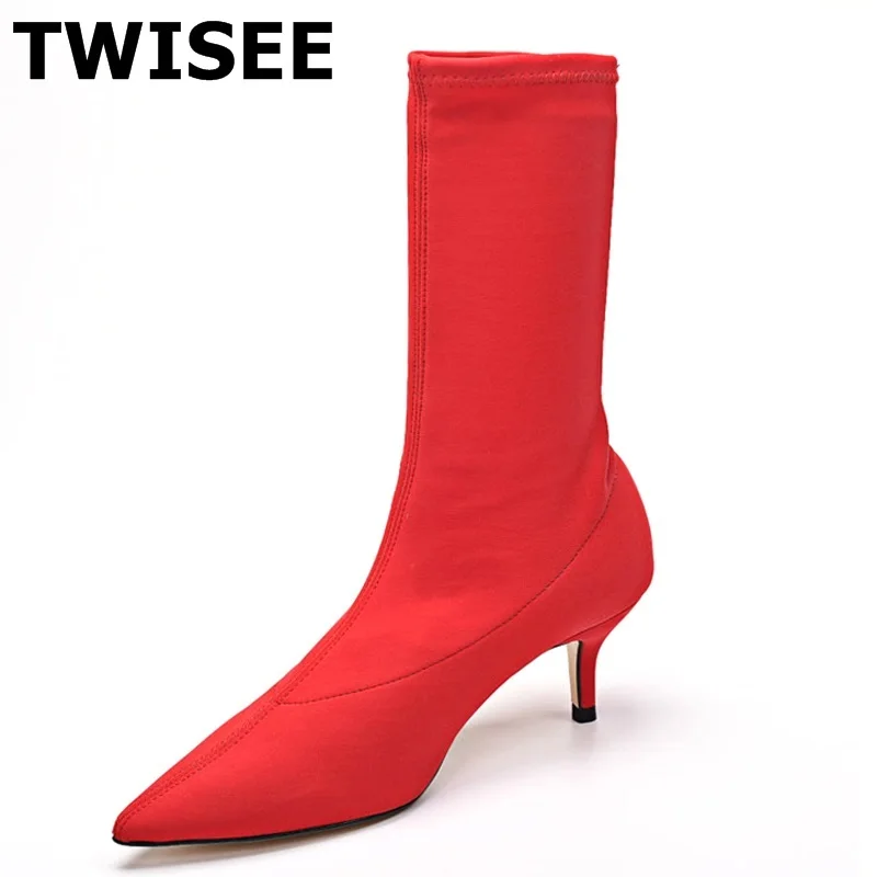 

women ankle boots hot selling autumn warm point toe thin high heels 6.5 cm woman casual shoes comfort solid black red yellow