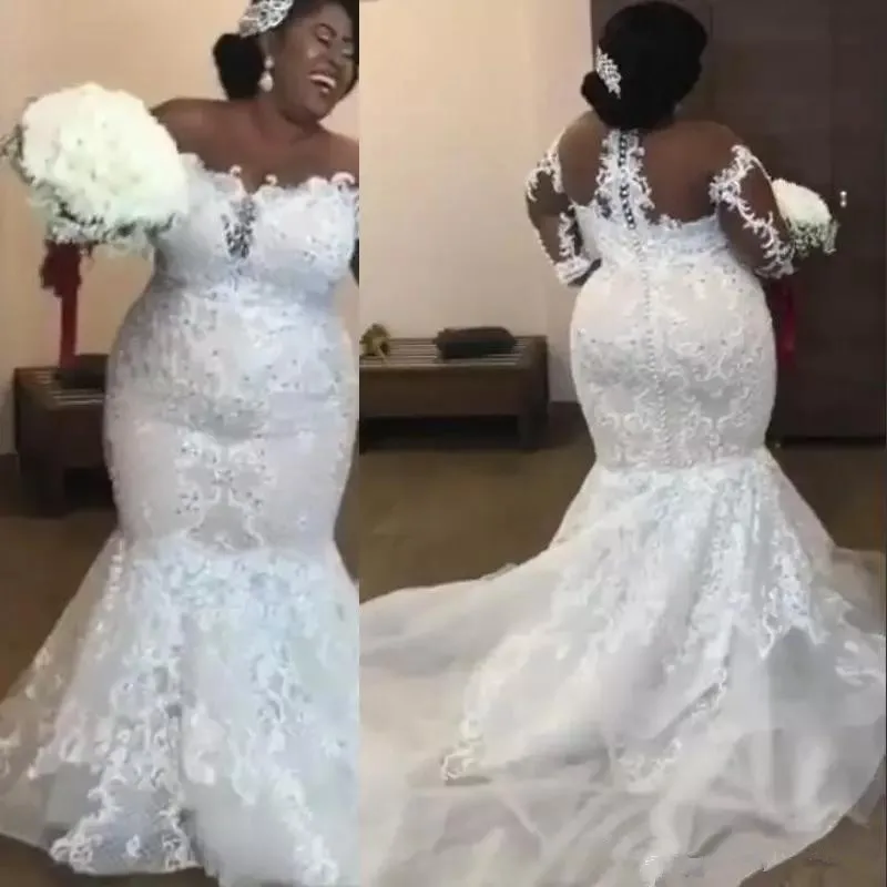 

Amazing African Mermaid Wedding Dresses Beaded Lace Appliques Long Sleeve Bridal Gowns Sexy Sheer Plus Size Wedding gowns 2020