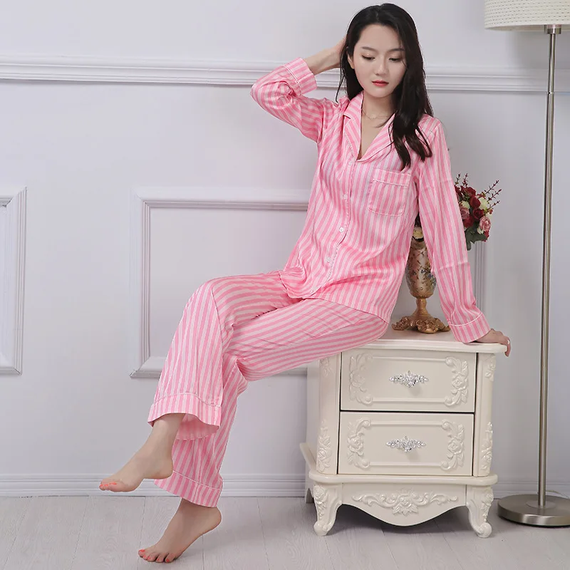 Smmoloa женская пижама с длинными рукавами розовая Полосатая Шелковая пижама