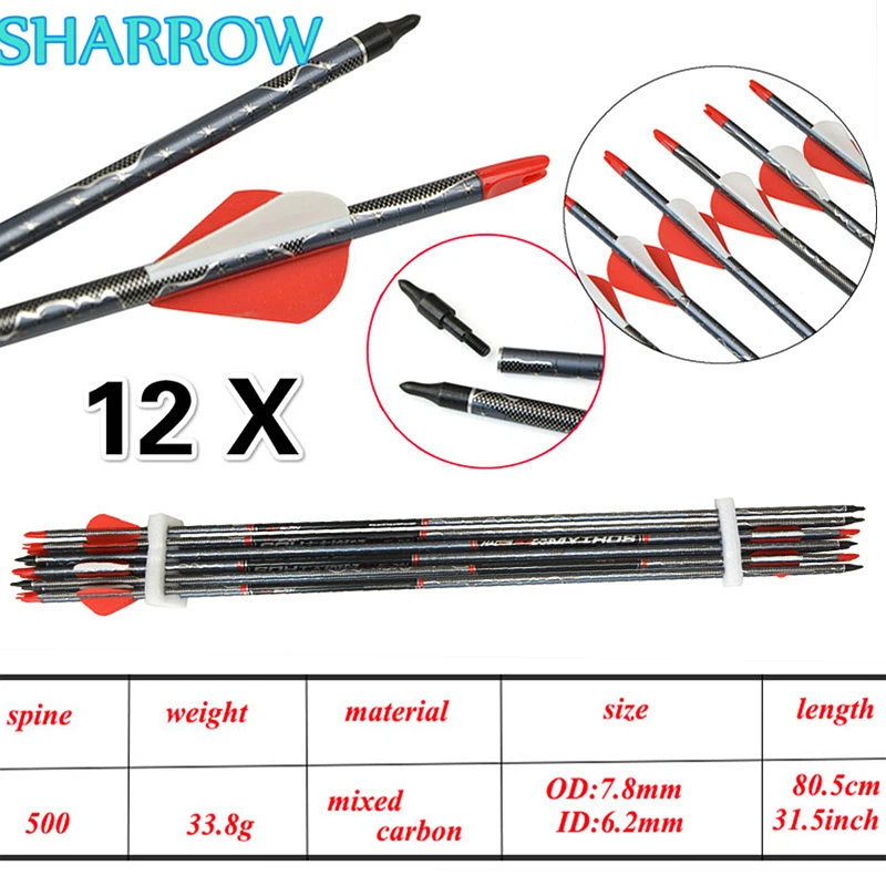 12Pcs 30" Archery Carbon Arrow Spine 500 Carbon Arrows With Replaceable