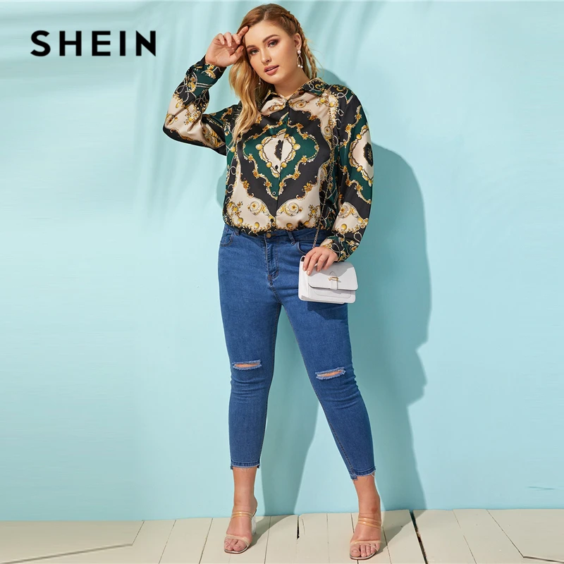  SHEIN Plus Size Multicolor Scarf Print Satin Shirt Blouse 2019 Women Spring Fall Classy Button Coll