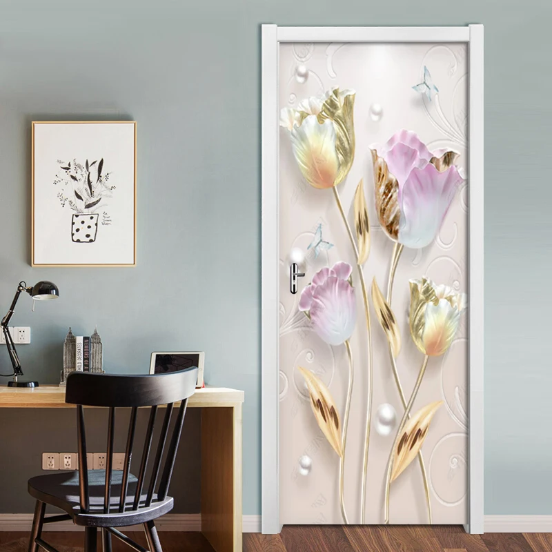 Самоклеющиеся двери Наклейка 3D принт цветок бабочка жемчуг картина плакат украшение дома водонепроницаемый Наклейка на шкаф произведение искусства